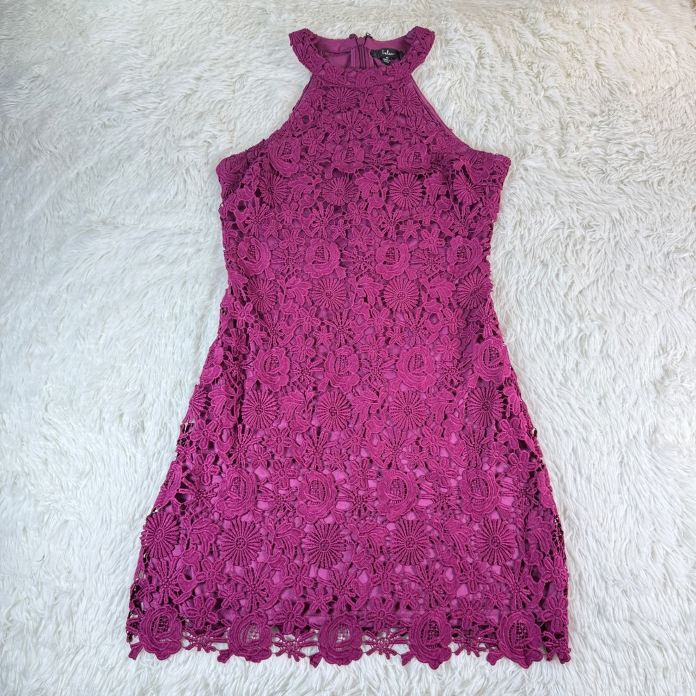 Lulus Pink Floral Lace Halter Mini Dress Medium Crochet Party Boho Chic Coquette